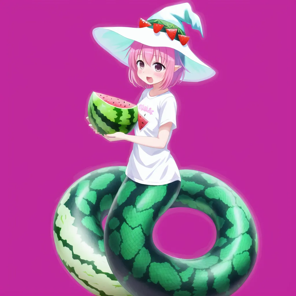 The image is of a pink-haired anime girl with a snake-like body. She is wearing a white shirt and a witch hat with strawberries on it. She is also wearing a watermelon floatie around her waist. She is holding a watermelon in her hands. The background is pink.