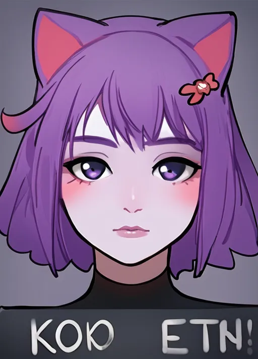 The image shows an anime-style girl with purple hair and cat ears. She has a flower hairpin on the right side of her head. The girl is looking at the viewer with a slightly smug expression. She is wearing a dark-colored shirt. The background is a dark color. There is a sign below her that says \