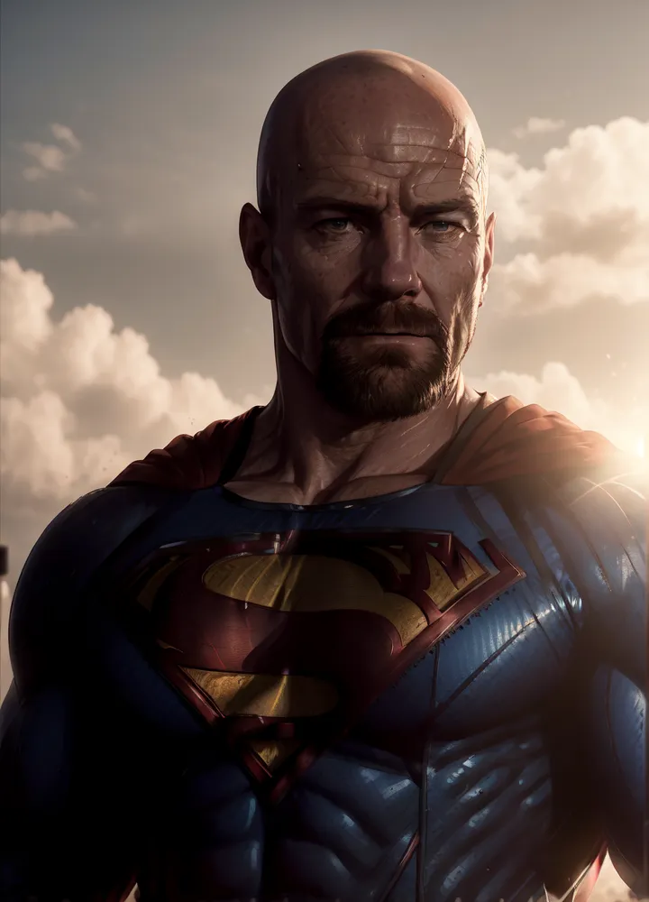 The image shows a bald man with a beard and a muscular build. He is wearing a blue and red Superman costume and has a red cape. The background is a cloudy sky. The man has a determined expression on his face and looks like he is about to fly.