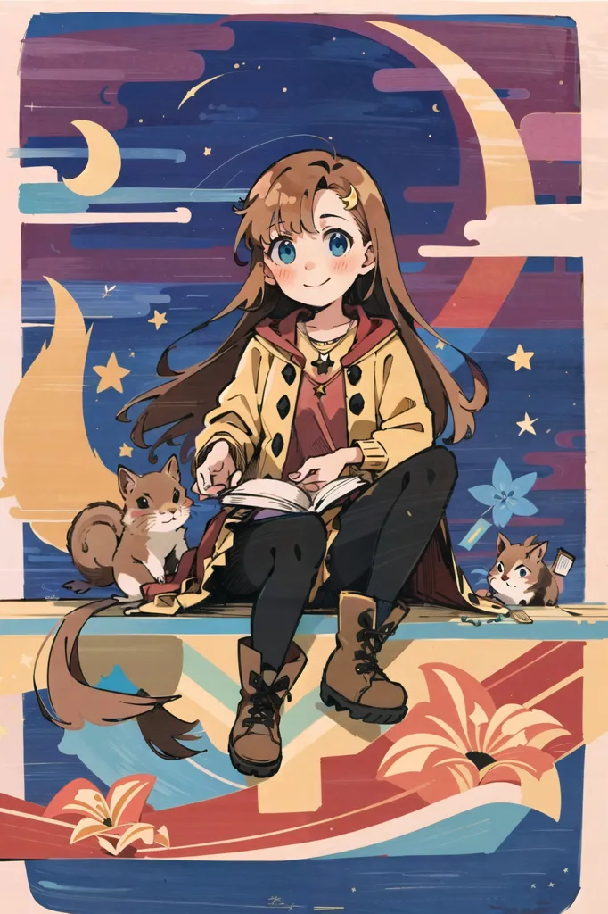 The image is a painting of a girl sitting on a wall, reading a book. She is wearing a yellow jacket, brown boots, and a red shirt. She has long brown hair and blue eyes. There are two squirrels on the wall next to her, one on her shoulder and one on the ground. The background is a night sky with two crescent moons and many stars.