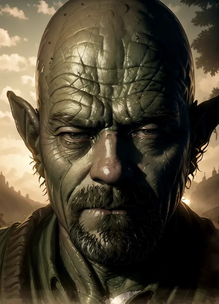 Esta imagem é uma representação de Walter White, da série de TV "Breaking Bad", como um orc. Ele tem a pele verde, orelhas pontudas e a cabeça calva. Ele está usando um casaco de couro preto e tem uma expressão severa no rosto. O fundo é uma paisagem desfocada com uma montanha ao fundo.