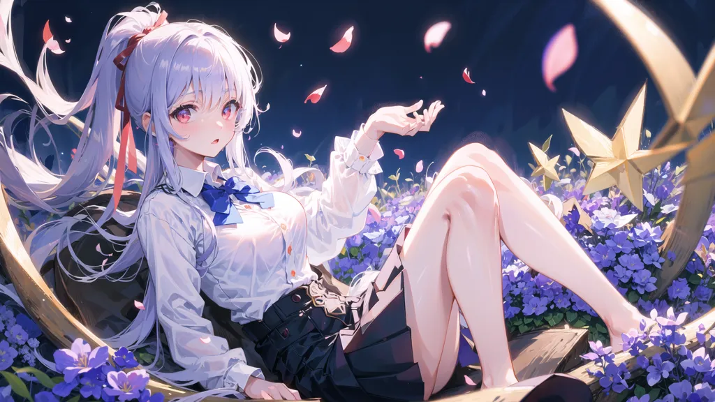 The image is of an anime girl with long white hair and purple eyes. She is wearing a white blouse and a black skirt. She is sitting in a field of purple flowers. There are also some pink flower petals falling from the sky. The background is a dark blue night sky with a crescent moon.