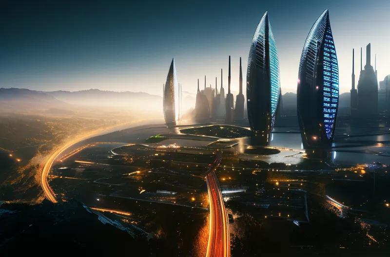 The image shows a futuristic city with tall buildings and a highway in the foreground. The city is located in a valley and is surrounded by mountains. The sky is dark and there are stars in the sky. The city is lit up by artificial lights. There are no people in the image.