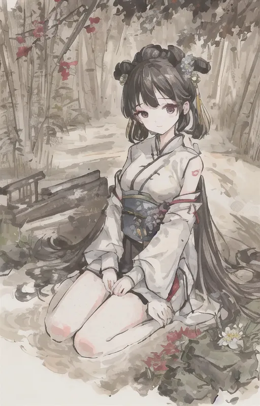 The image is a painting of a young woman in a kimono. She is kneeling on the ground in a forest. The woman has long black hair and red eyes. She is wearing a white kimono with a blue obi. The kimono is decorated with red and white flowers. The woman is sitting on a rock. There are some red and white flowers in front of her. There are some trees in the background. The painting is done in a realistic style. The colors are muted and the lines are soft. The painting is very beautiful and it captures the beauty of the woman and the forest.