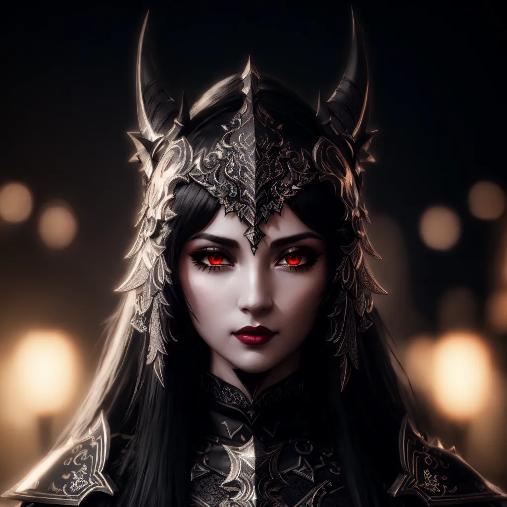 The image is a portrait of a dark elf woman. She has long black hair, red eyes, and pale skin. She is wearing a black and silver horned helmet and a suit of black armor. She has a determined expression on her face. The background is a dark blur of red lights.