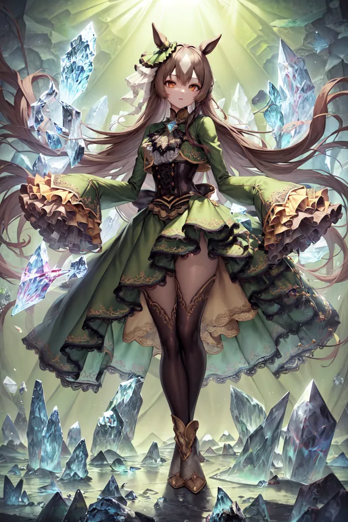 The image is a painting of a beautiful anime girl with long brown hair and brown eyes. She is wearing a green dress with a white collar and a brown corset. She is also wearing brown boots and a brown hat with a white feather. She is standing in a forest of blue crystals, and there is a bright light shining down on her from above.