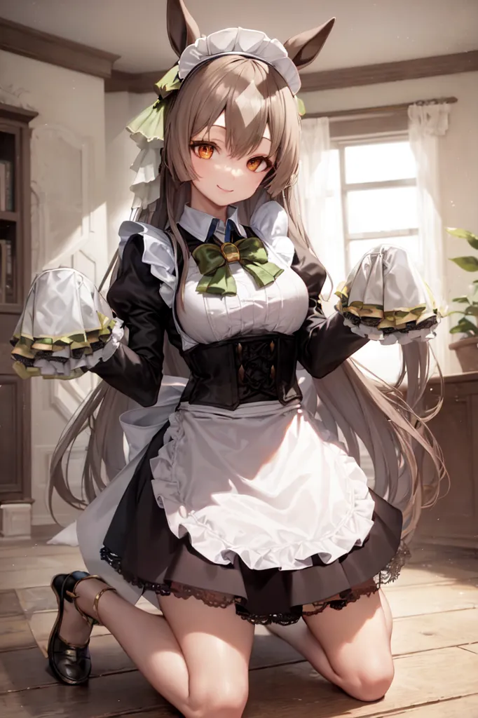 The image depicts a young woman with long brown hair and rabbit ears, dressed in a maid outfit. She is kneeling on the floor, with her hands outstretched. She has a gentle smile on her face. The background is a blurred image of a room, with a window and a shelf.