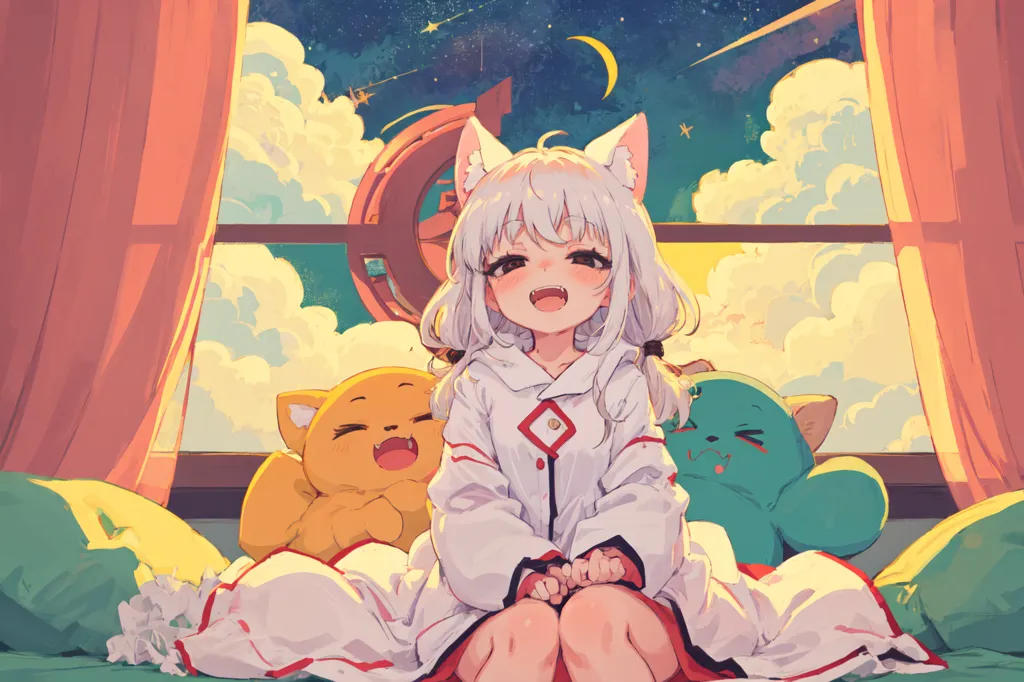 La imagen es de una niña joven con el cabello blanco y orejas de gato. Está usando un kimono blanco y rojo. Está sentada en una cama con un gato amarillo y un gato verde. El gato amarillo está sonriendo y el gato verde tiene los ojos cerrados. La niña mira al espectador con una sonrisa en su rostro. Hay una ventana detrás de ella con una vista del cielo nocturno.