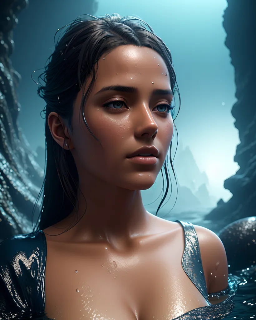 The image is a portrait of a young woman with long, flowing hair. She is standing in a dark cave, and the light from the entrance of the cave is illuminating her face. She is wearing a silver dress, and her hair is wet. She has a serene expression on her face, and her eyes are closed. The image is very realistic, and the woman's skin looks soft and smooth. The water droplets on her skin are also very realistic, and they give the image a sense of movement. The image is very beautiful, and it captures the woman's beauty in a very natural way.