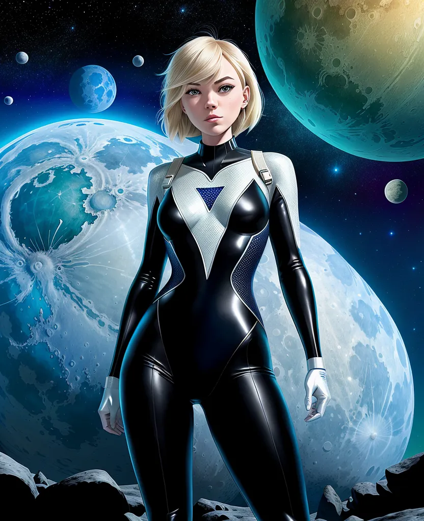 Esta é uma imagem de uma mulher em um traje espacial preto e branco com um triângulo azul no peito. Ela está em pé em uma superfície lunar ou planetária rochosa com várias luas ou planetas de vários tamanhos ao fundo. Ela tem cabelos loiros curtos e olhos azuis e está olhando para o espectador com a mão direita no quadril e a esquerda pendendo ao lado.