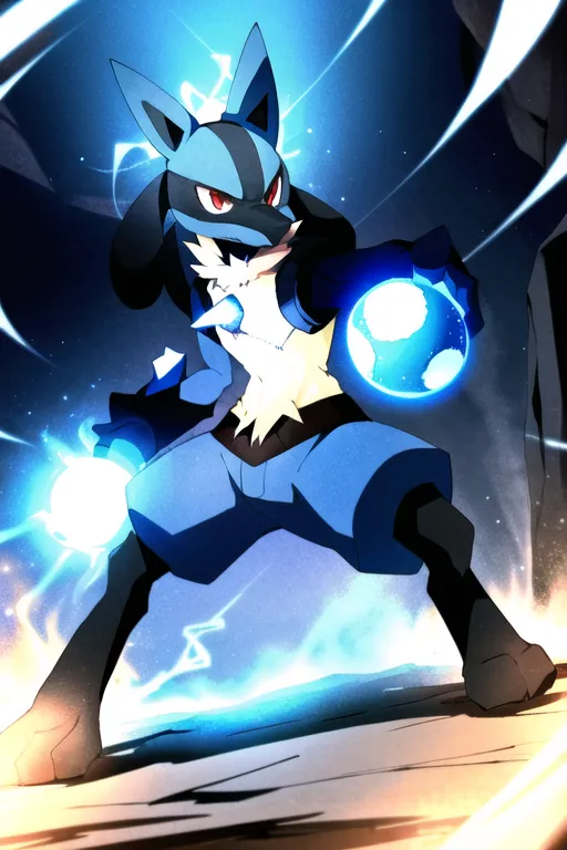 The image shows a blue and black creature with large ears and a long tail. It is standing on a rocky surface with one paw raised and a ball of energy in the other. The creature is surrounded by blue and yellow energy and has a determined expression on its face. In the background, there are several large rocks and a bright light.