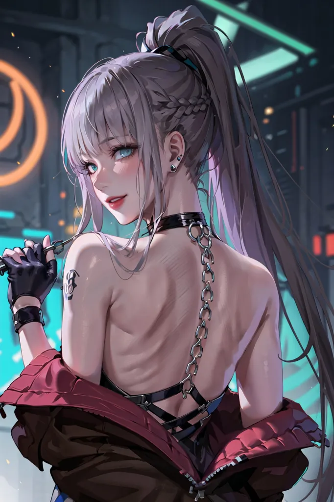 The image is a portrait of a young woman with long silver hair and blue eyes. She is wearing a black choker with a chain that goes down her back. She is also wearing a red jacket and a black glove on her right hand. She has a tattoo on her right shoulder. She is standing in front of a blue background with a city in the distance.