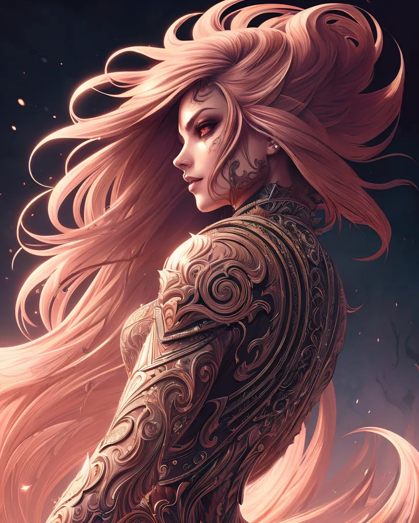 The image is a portrait of a beautiful woman with long, flowing pink hair. She is wearing a golden breastplate with intricate designs. Her eyes are red and her skin is pale. She has a confident expression on her face and looks like she is ready for battle. The background is dark with a few embers floating through the air.