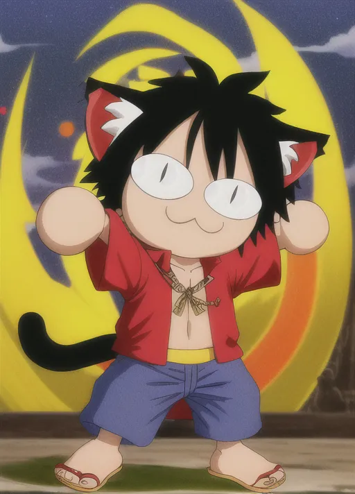 The image contains a chibi version of Monkey D. Luffy from the anime One Piece. He is wearing a red shirt, blue shorts, and sandals. He also has cat ears and a tail. He is standing in a happy pose with his arms outstretched. The background is yellow with a crescent moon.