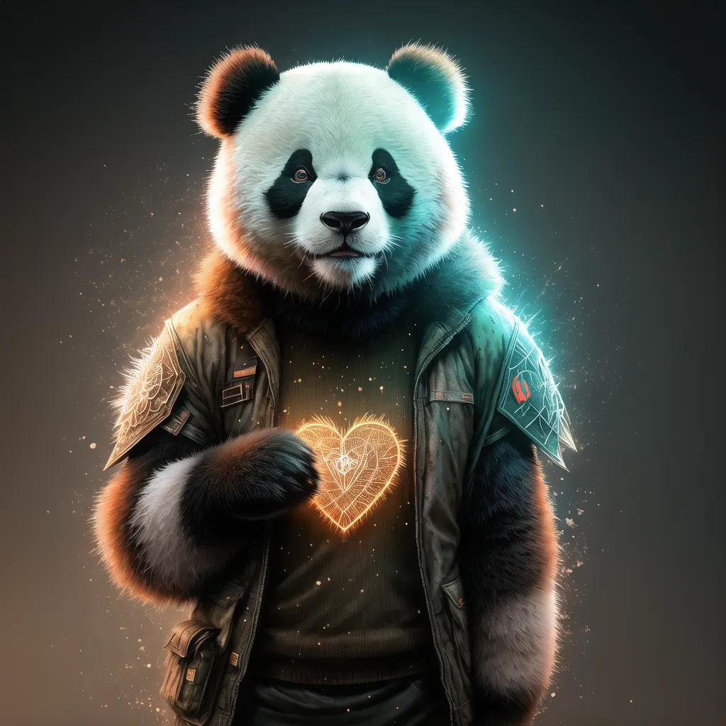 The image is a digital painting of a panda wearing a black leather jacket. The panda is standing on a dark background and is looking at the viewer with a friendly expression. The panda has a glowing heart-shaped symbol on its chest. The painting is done in a realistic style and the fur of the panda is rendered in great detail.