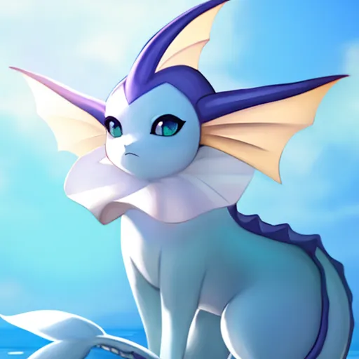 La imagen muestra un personaje de Pokémon. Es un Vaporeon, un Pokémon de tipo agua. Tiene un pelaje azul y morado, con un collar blanco y una aleta amarilla en la espalda. Está sentado sobre una roca en el océano, mirando hacia el mar. El agua es de un color azul profundo y el cielo es de un color azul claro. El sol brilla intensamente y hay algunas nubes en el cielo.