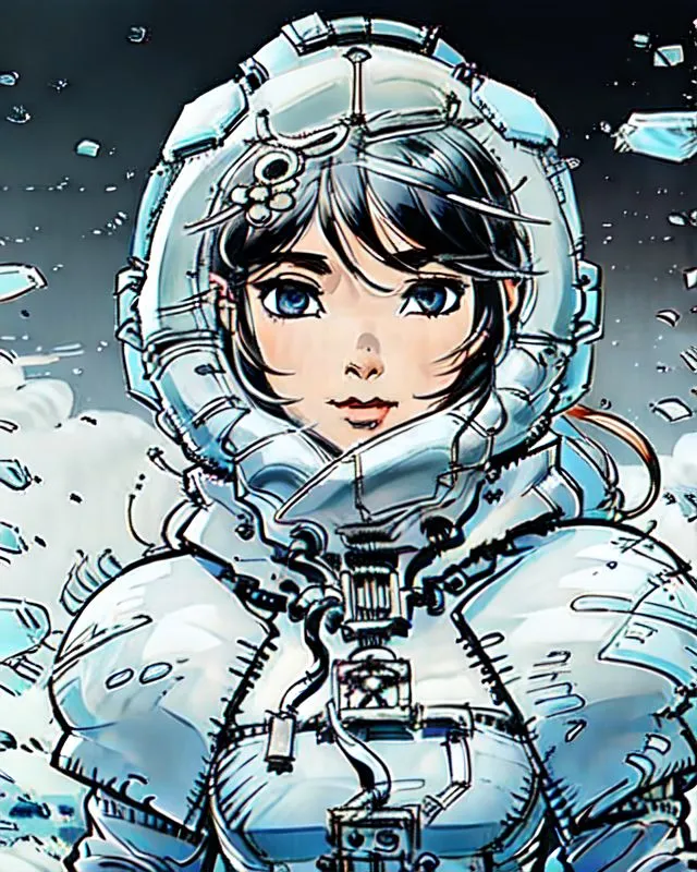 Voici une illustration d'une jeune fille dans une combinaison spatiale avec un casque à bulle transparente. La combinaison spatiale est blanche et bleu clair avec des détails bleu clair et jaune. Le casque est fissuré. Elle regarde le spectateur avec une expression sérieuse. Il y a des débris flottant autour d'elle.