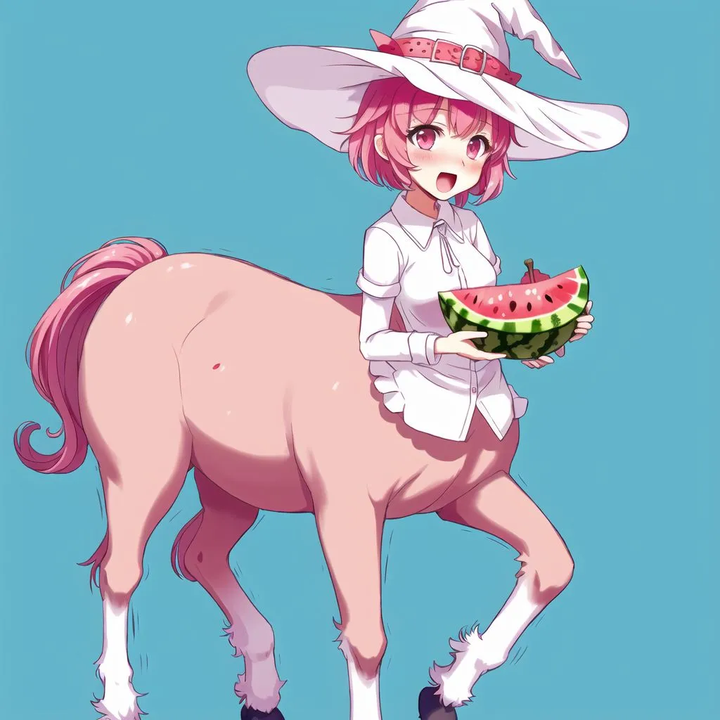 The image is of a centaur girl with pink hair and a white witch's hat. She is wearing a white shirt and no pants. She is holding a watermelon in her hands. She has a happy expression on her face. She is standing on a blue background.