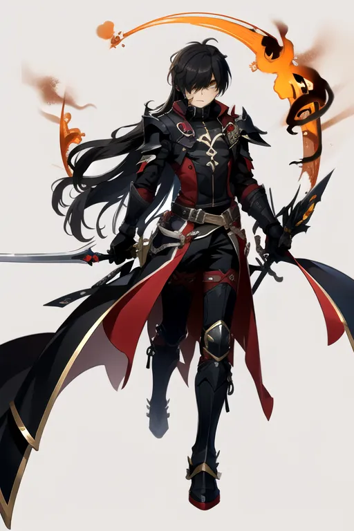 This is an image of a man with long black hair. He is wearing a black and red outfit and is carrying two swords. He has a determined expression on his face and appears to be ready for battle.