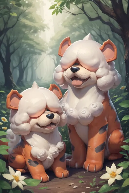 The image shows two Pokémon characters. They are both small, dog-like creatures with white fur and orange stripes. They are standing in a forest, surrounded by green trees and flowers. The sun is shining through the trees, creating a dappled pattern on the ground. The Pokémon are both smiling and look happy