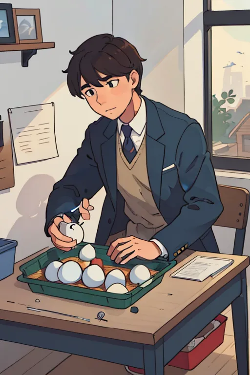 A young male student is sitting at a desk in a classroom. He is wearing a school uniform and is looking at an egg in his hand. He has a serious expression on his face. There are several other eggs in a carton on the table. The background of the image is a window, a shelf with two picture frames on it, and a poster with a graph on it.