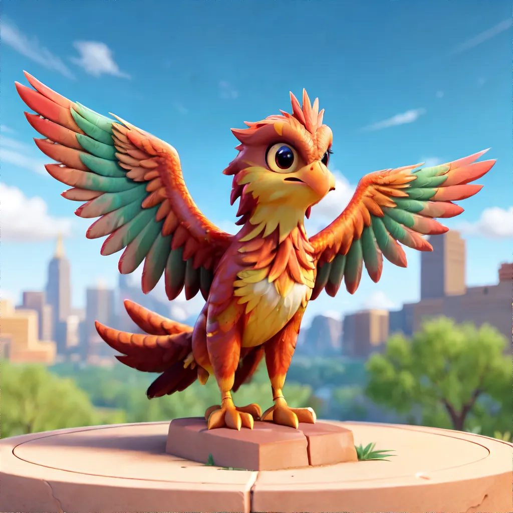 This is a 3D rendering of a phoenix. It has bright red, orange, yellow, green, and blue feathers. Its wings are outstretched, and it is standing on a stone pedestal. The background is a city scape with a blue sky and white clouds.