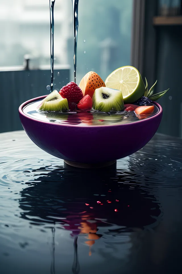 There is a bowl of fruit sitting on a table. The bowl is dark purple and is filled with water. There are several different kinds of fruit in the bowl including strawberries, blueberries, kiwi, lime, and orange slices. There is water being poured into the bowl from above. The water is splashing on the fruit. There is water on the table around the bowl.