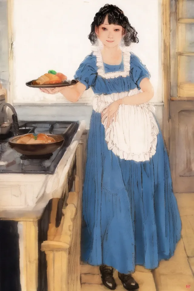 The painting shows a young girl standing in a kitchen. She is wearing a blue dress and a white apron. The girl has short black hair. She is holding  a plate with a chicken on it. There is a frying pan on the stove behind her.