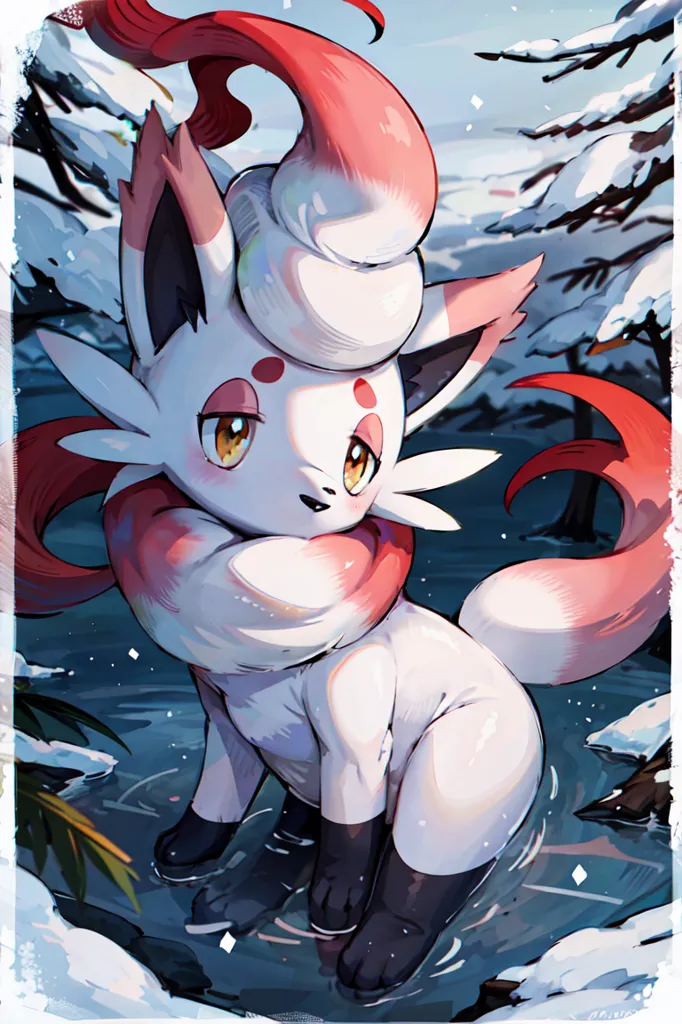 The image contains a Pokemon character. It is a small, quadrupedal creature with white and pink fur. It has large, pointed ears and a long, bushy tail. The Pokemon is standing in a snowy forest, and it is surrounded by trees and snow-covered rocks. The Pokemon is looking at the viewer with a curious expression.