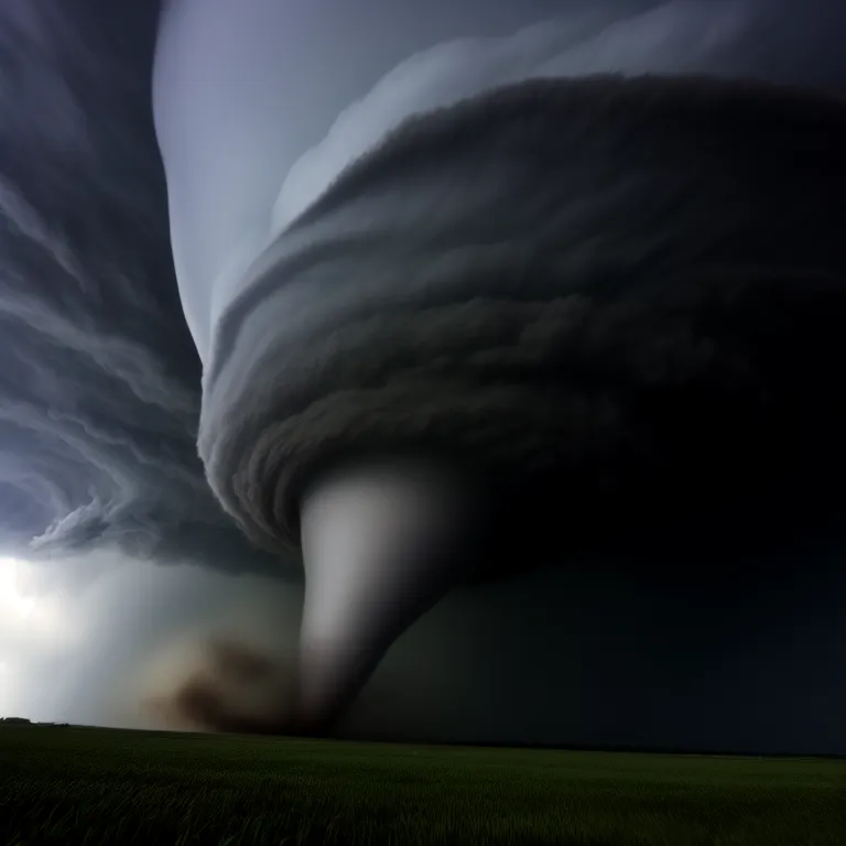 The image is a photograph of a tornado. The tornado is large and dark, and it is surrounded by a funnel cloud. The tornado is in the distance, and there are no people or buildings visible in the image. The tornado is ominous and destructive, and it is clear that it has the potential to cause significant damage. The image is a reminder of the power of nature, and it is a warning that we must be prepared for severe weather events.