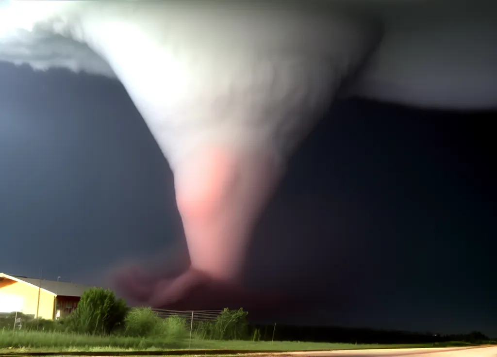 The image shows a large tornado. The tornado is white and pink, and it is surrounded by a dark cloud. The tornado is in a field, and there is a house in the background. The house is small, and it is being dwarfed by the tornado. The tornado is very tall, and it is reaching up into the sky. The tornado is very powerful, and it is causing a lot of damage.