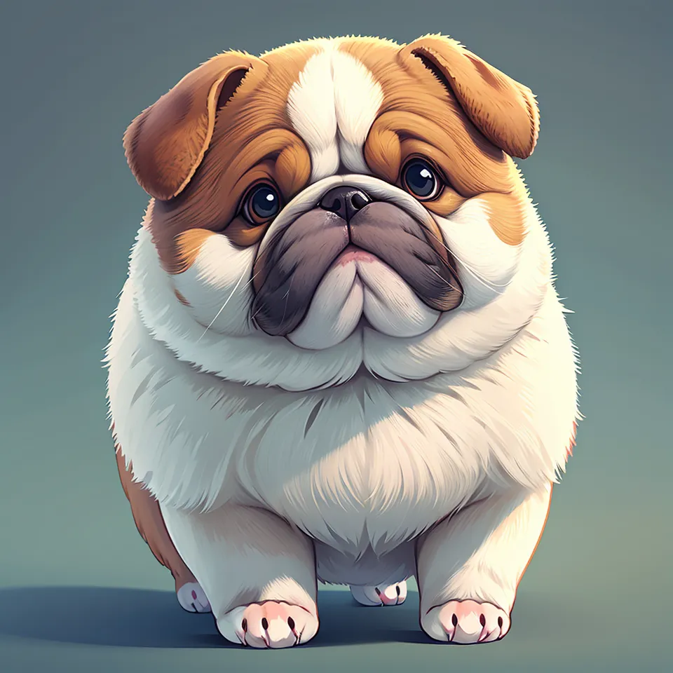 The image shows a cute, cartoon-like illustration of a puppy with light brown and white fur. It has short legs and a round face with big, dark eyes. The puppy is looking at the viewer with a curious expression.