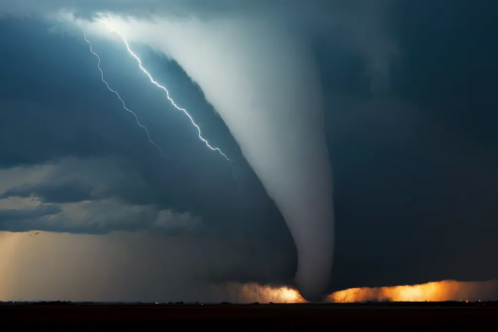 The image shows a large tornado with a lightning bolt striking it. The tornado is dark and ominous, while the lightning bolt is bright and illuminating. The tornado is surrounded by dark clouds, and the ground is covered in debris. The scene is one of danger and destruction.