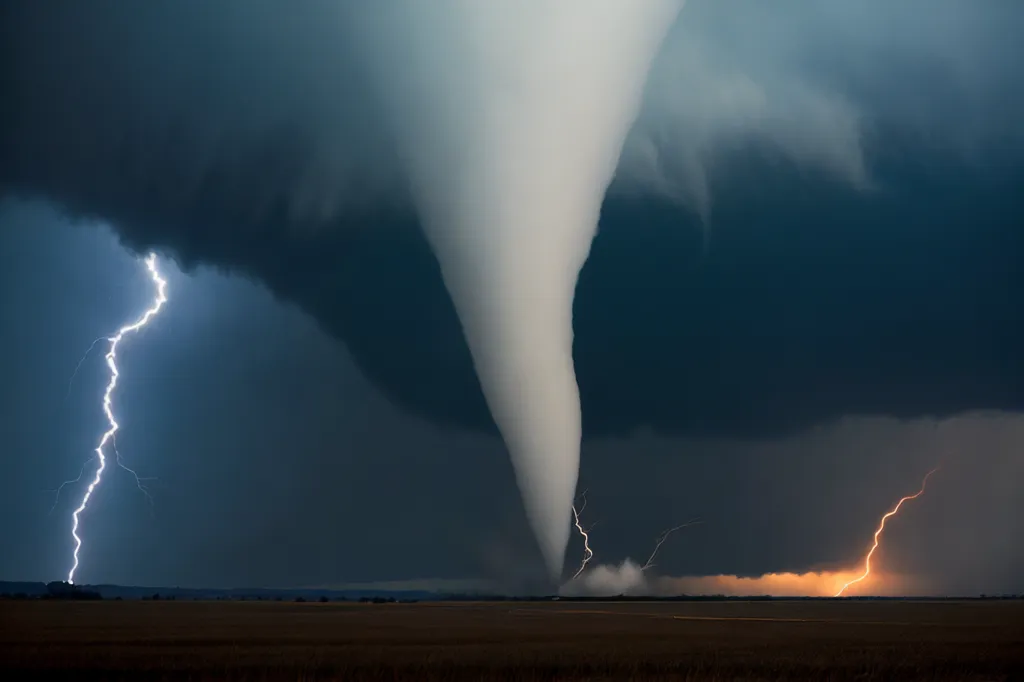 The image shows a large tornado. It is white and extends from the ground to the sky. The tornado is surrounded by dark clouds. There are two bolts of lightning, one on either side of the tornado. The lightning is bright and illuminates the tornado. The tornado is in a field. There are no buildings or people in the image.