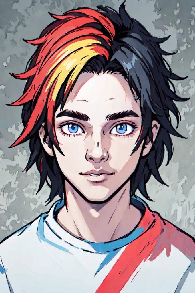 This is a picture of a young person with half of their hair red and yellow and the other half black. They have blue eyes and are wearing a white shirt with a red stripe. The background is a light grey.