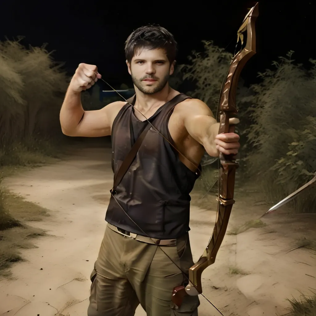 This is a picture of a man with a bow and arrow. He is dressed in a dark brown tank top and khaki pants. He has a quiver of arrows on his back and a knife on his belt. He is standing in a dark forest, with only a hint of light in the background. The man's face is obscured by a shadow, but his eyes are visible and they are narrowed in concentration. He is holding the bow with both hands and the arrow is nocked and ready to be fired. The man is dressed in a casual outfit and looks like he is ready for action.