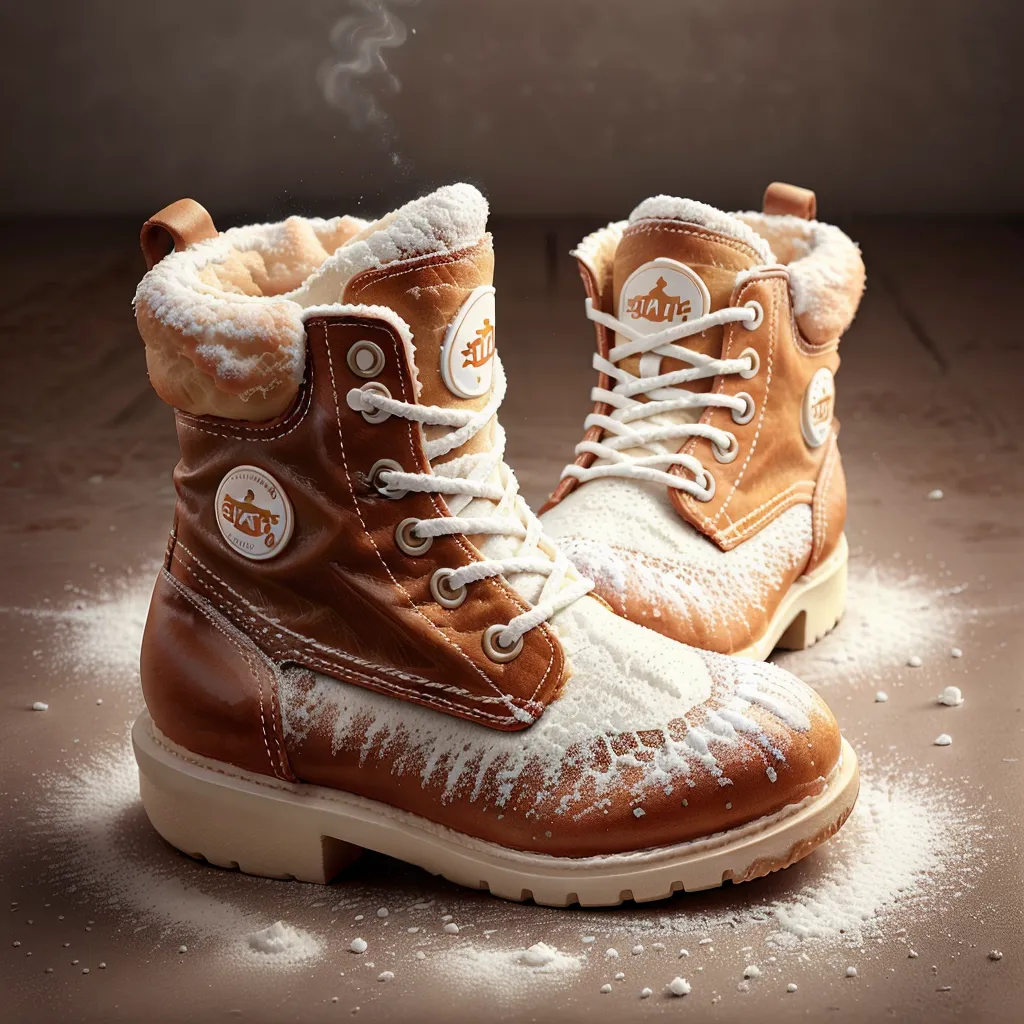 A pair of brown leather boots covered in white powder. The boots are unlaced and the powder is scattered around them. The background is a dark brown wood floor.