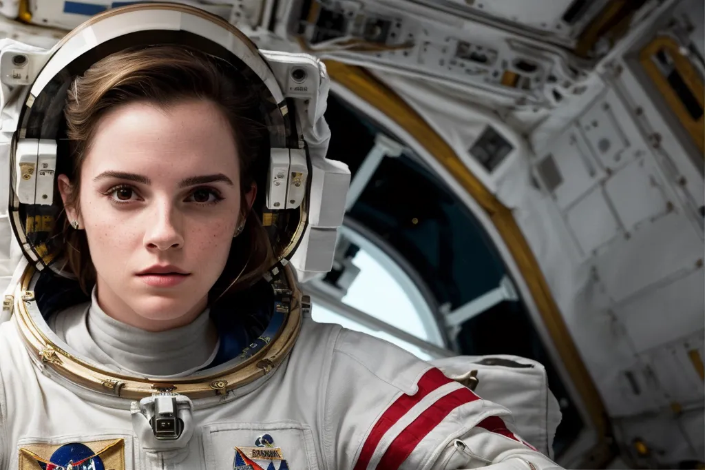 The image shows a young woman in a spacesuit with her helmet on. She is looking at the camera with a serious expression. Her hair is short and brown. She is wearing a white spacesuit with red and blue stripes on the arms. The spacesuit has a NASA logo on it, and a name tag that says "Granger". There is a round window in the background.