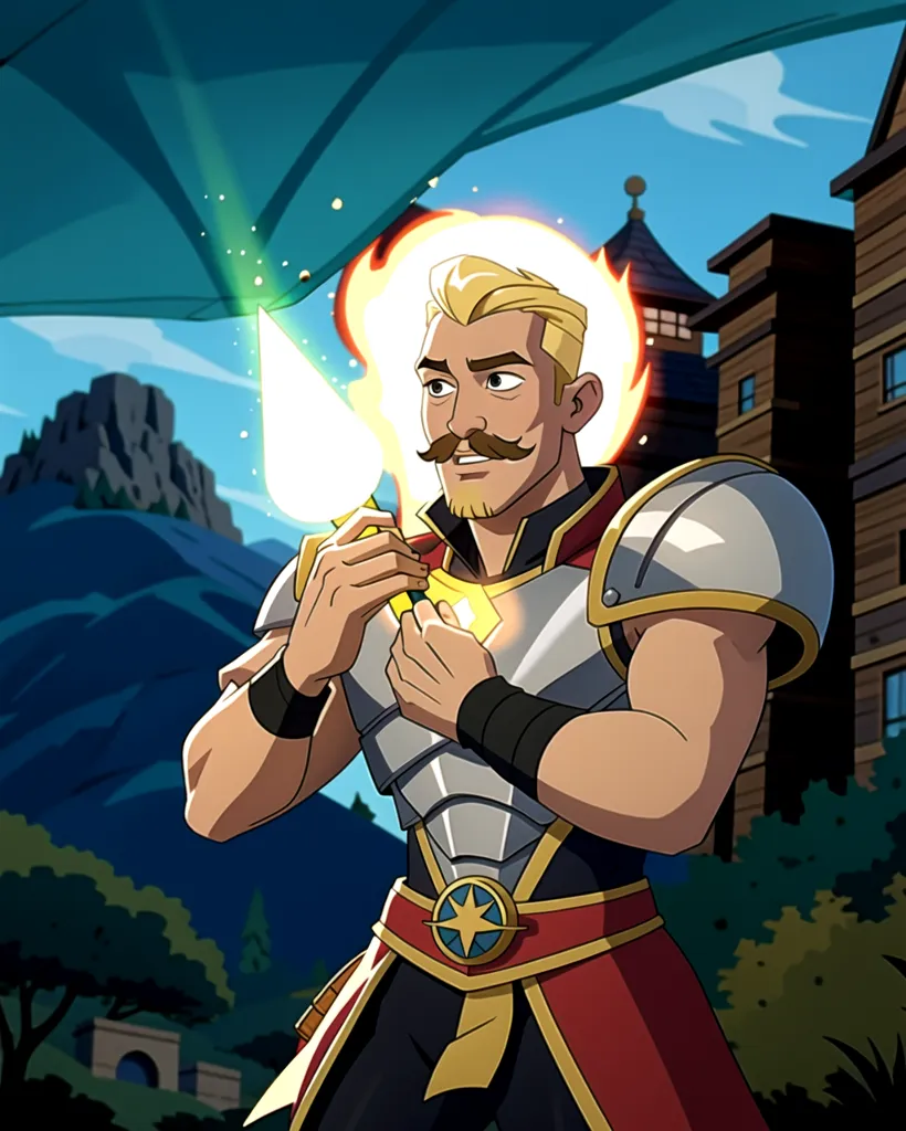 This is an image of a man holding a sword. He is wearing a red and yellow outfit with shoulder pads and a cape. He has a mustache and a beard, and his hair is blond. He is standing in front of a castle, and there are mountains in the background. The man is holding the sword in front of his chest with both hands, and he has a determined look on his face. The sword has a yellow glow around it.