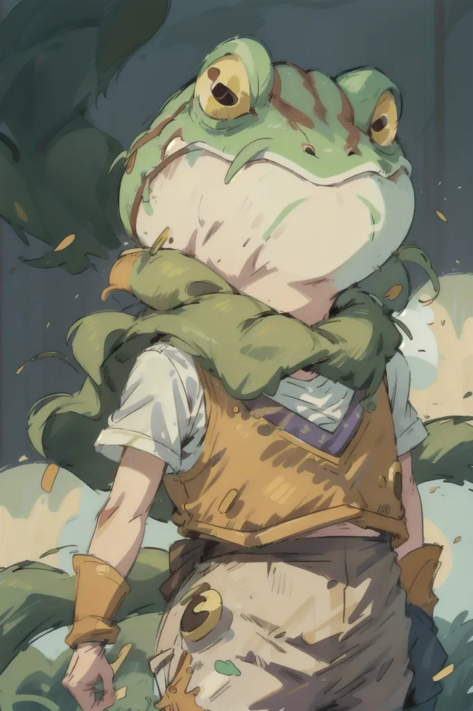 The image is of a humanoid frog creature. It has the head of a frog, with large, round eyes and a wide mouth. The body is that of a human, but it is covered in green scales. The creature is wearing a brown vest and a white shirt. It has a scarf made of leaves around its neck. The creature is standing in a forest, and there are trees and leaves in the background.