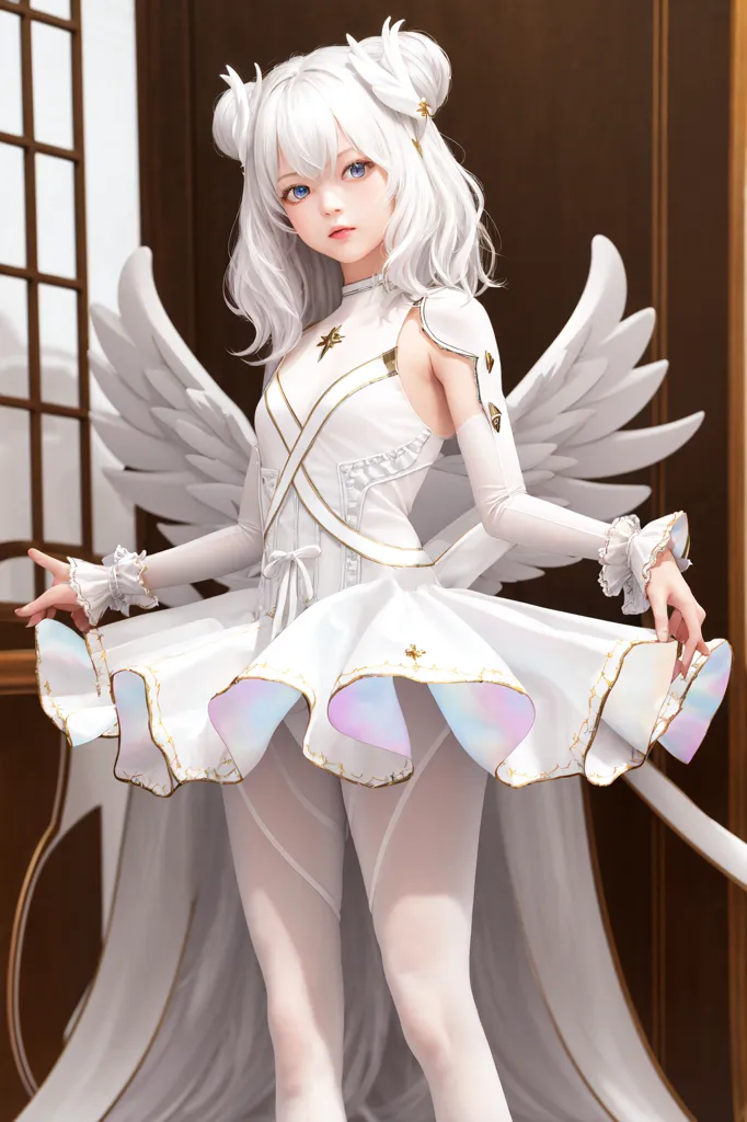 This is an image of an anime girl with white hair and blue eyes. She is wearing a white dress with a corset and a fluffy white skirt. She also has white wings and a halo, which suggests that she is an angel. She is standing in a room with a wooden door and a white curtain. The room is decorated with stars and clouds, which suggests that she is in a heavenly realm.