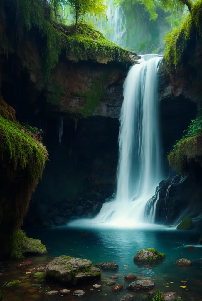 The image is a beautiful waterfall in a lush green forest. The waterfall is cascading down a steep cliff into a pool of turquoise water. The water in the pool is crystal clear. The waterfall is surrounded by lush green vegetation. The trees are tall and the leaves are a deep green color. The waterfall is in a remote area and the only sound is the sound of the water crashing down. The waterfall is a beautiful and peaceful place. It is a place where one can relax and enjoy the beauty