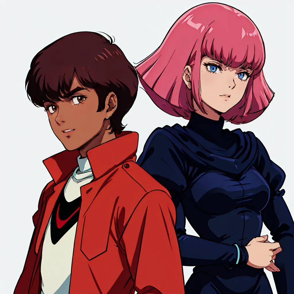 This is an illustration of two characters from the anime series Mobile Suit Gundam 0080: War in the Pocket. On the left is Bernard Wiseman, a young man with brown hair and brown eyes. He is wearing a red jacket and a white shirt. On the right is Christina Mackenzie, a young woman with pink hair and blue eyes. She is wearing a black dress.