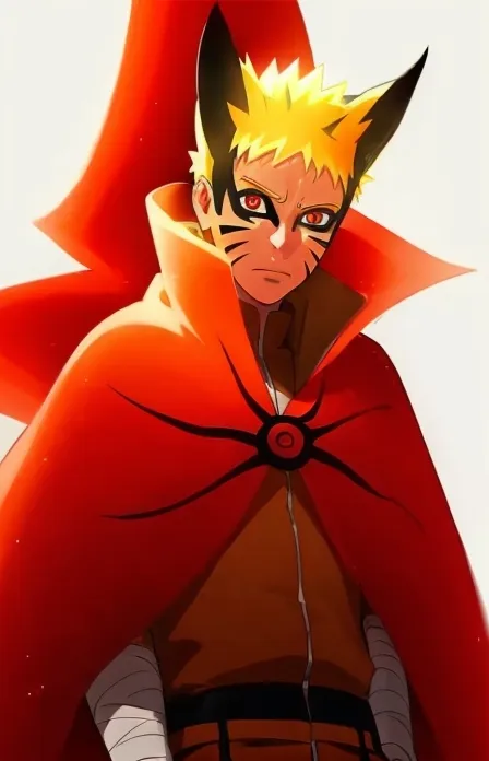 The image shows Naruto Uzumaki, a character from the anime series Naruto. He is wearing a red cloak with a black and yellow symbol on the back and has fox-like ears and red eyes.