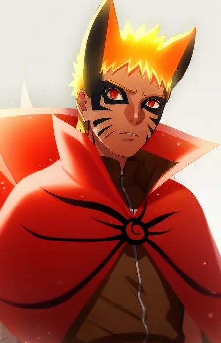 The image shows Naruto Uzumaki, a character from the anime series Naruto. He is wearing a red cloak with a black and white symbol on the back. His eyes are red and he has black marks on his face. He is also wearing a headband with the symbol of the Hidden Leaf Village.