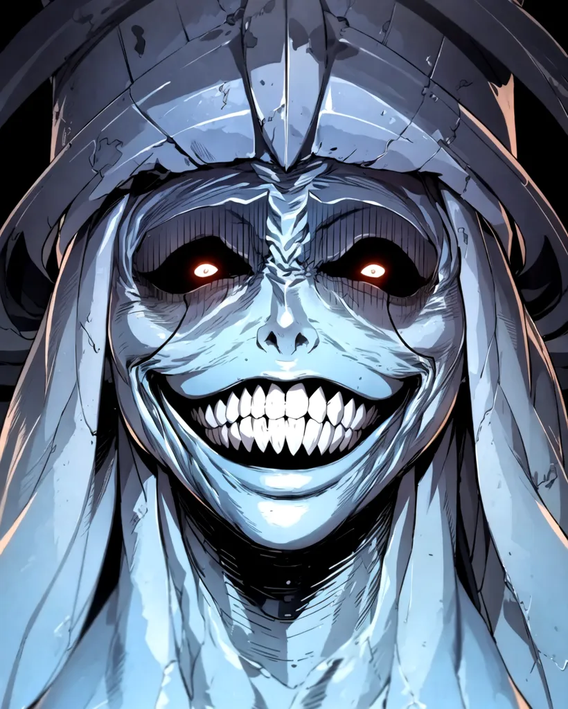 The image is of a creature with pale skin and red eyes. It has a wide, grin that reveals sharp teeth. The creature is wearing a helmet with a skull-like face. The helmet has two large horns protruding from the top. The creature's shoulders are