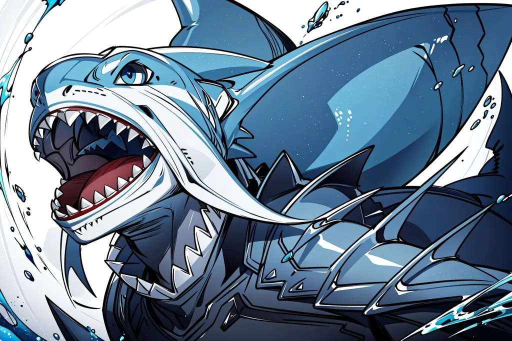 The image shows a shark-like creature with blue and white scales. It has a large, open mouth with sharp teeth. The creature is wearing a suit of armor and has a large fin on its back. It is surrounded by water and has a determined expression on its face.