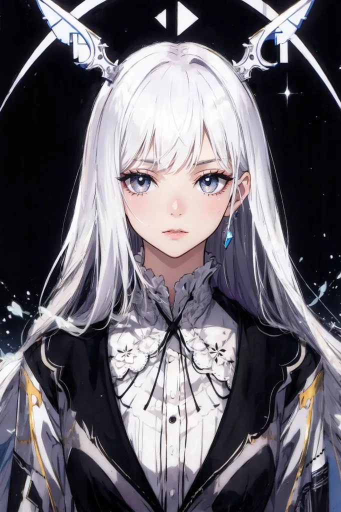 This is an image of a young girl with long, white hair and blue eyes. She is wearing a black and white dress with a white collar. The dress has a white bow with black and white trim around the collar. She is also wearing a pair of black earrings. Her hair is styled with two white and blue hair pieces on the left side of her head. She has a small, blue gem on her forehead. She is looking at the viewer with a serious expression. There is a dark background behind her.