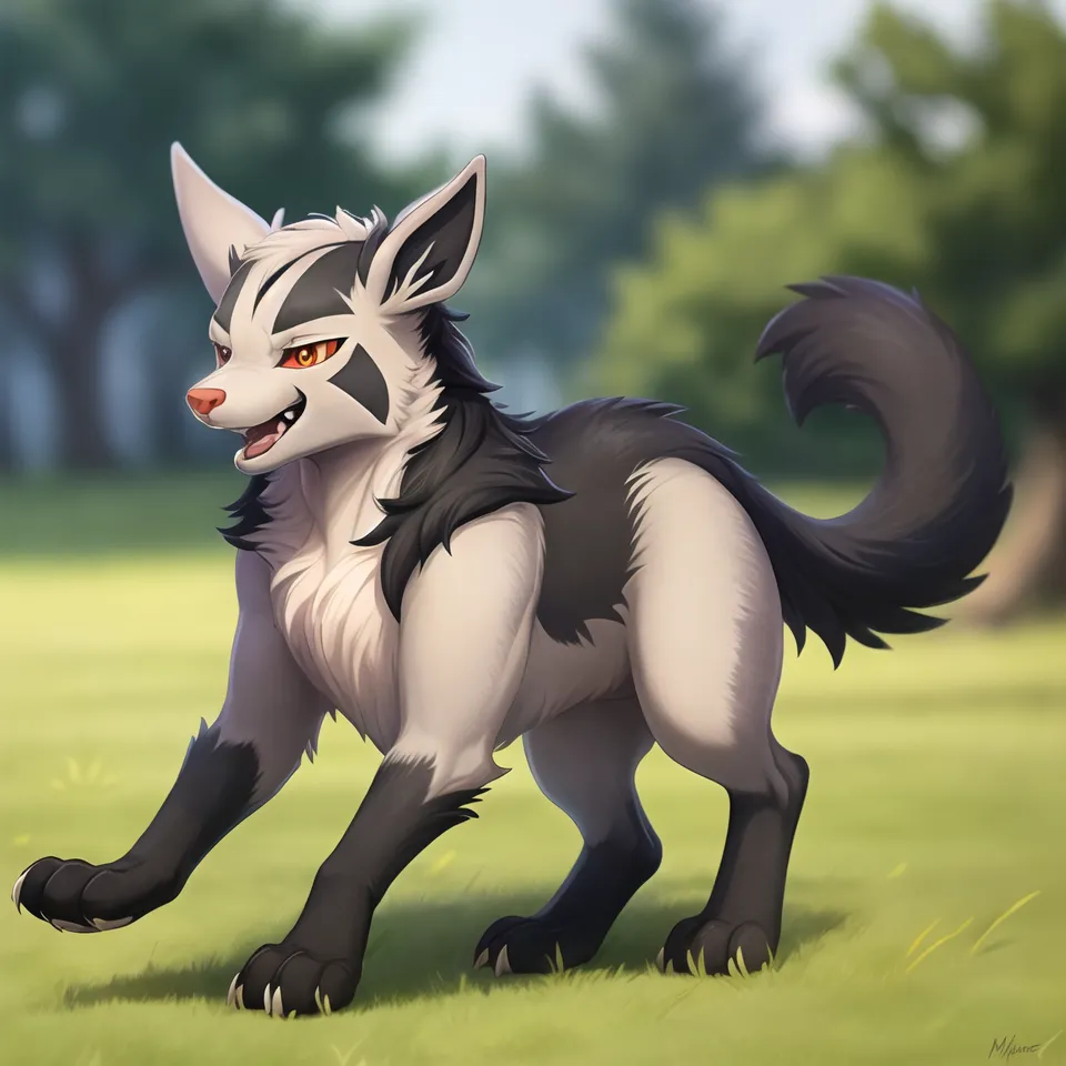 The image shows a happy cartoon wolf-like creature. It has large pointed ears that are black on the outside and white on the inside. Its fur is primarily white, with a black patch covering its back and most of its tail. The creature's paws are black, and it has three claws on each paw. It has a small, triangular nose, and its eyes are orange. The creature is standing on all fours, with its tail held high and its mouth open in a smile. It is standing in a grassy field, with trees in the background.