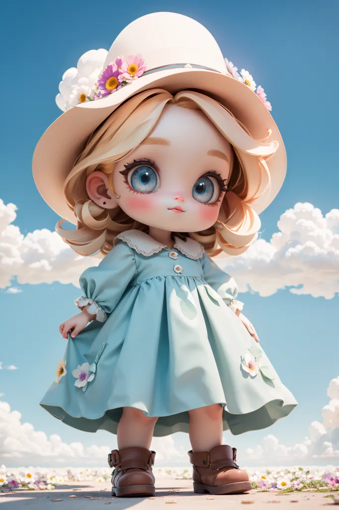 The image shows a cute anime girl with blonde hair and blue eyes. She is wearing a white hat with a pink flower pattern and a blue dress with white sleeves. She is also wearing brown shoes. She is standing in a field of flowers and there are clouds and a blue sky in the background.